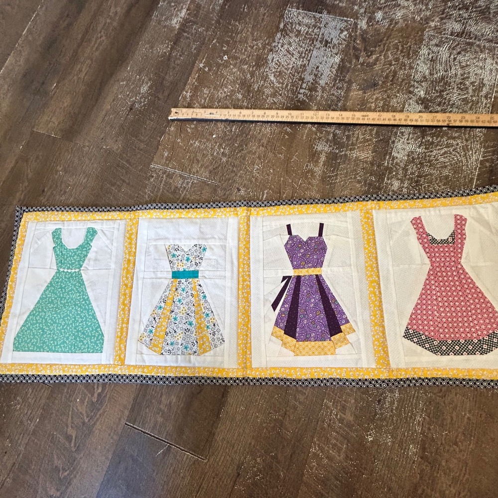 Handmade Quilted Table Runner Vintage Dress Applique Multicolor 36x12 Retro